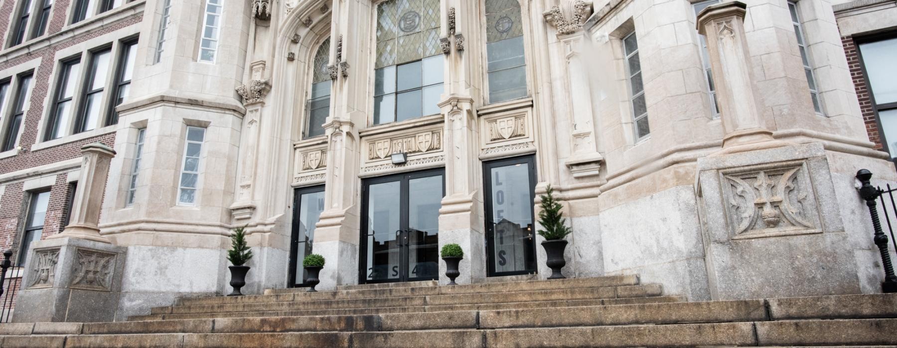 a building with stairs and windows